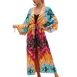 YouKD Women's Bohemian Cardigan Maxi Dress Beach Cover Up Robe Long Kimono Robs One Size, E Green Yellow Red