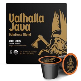 Death Wish Coffee, Valhalla Java Single Serve Pods - Extra Kick of Caffeine - Dark Roast Coffee Pods - Made with USDA Certified Organic Fair Trade Arabica and Robusta Beans (20 Count)