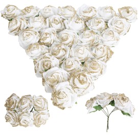 ICBOX White Roses Glitter Artificial Flowers 72pcs Glitter White Foam Fake Roses 1.57" Mini Foam Flowers Artificial Roses with Stems for DIY Wedding Centerpieces Floral Craft Decor(White)