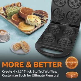 Baker's Friend Multi Stuffed Waffle Maker Thick, 4-Slice with 1.2'' Thick & 4'' Dia, Belgian Mini Waffle Maker Flip, Nonstick Breakfast Sandwich Maker, Stuffed Waffle Iron, Graphite
