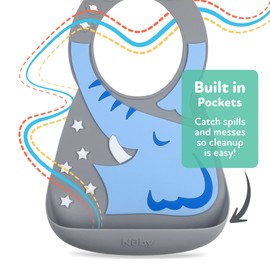 Nuby On The Go Silicone 3D Bib with Scoop to Catch Mess, Roll to Go, 6 M+, Elephant