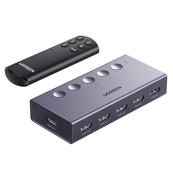 UGREEN HDMI Switcher, 5 Inputs, 1 Output, 4K @ 60 Hz, HDMI Selector, HDCP 2.2/HDMI 2.0, HDMI Switcher, Manual Switching, PS3, PS4, PS5, Switch Verified, Gray