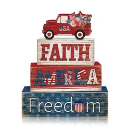 Britimes 4 Pcs Memorial Day Decor Patriotic Tiered Tray Decorations Set, 4th of July Table Sign Farmhouse Red White Blue Rustic Wooden Block Stack Sign for Home Fireplace Mantel (Independence Day Car)