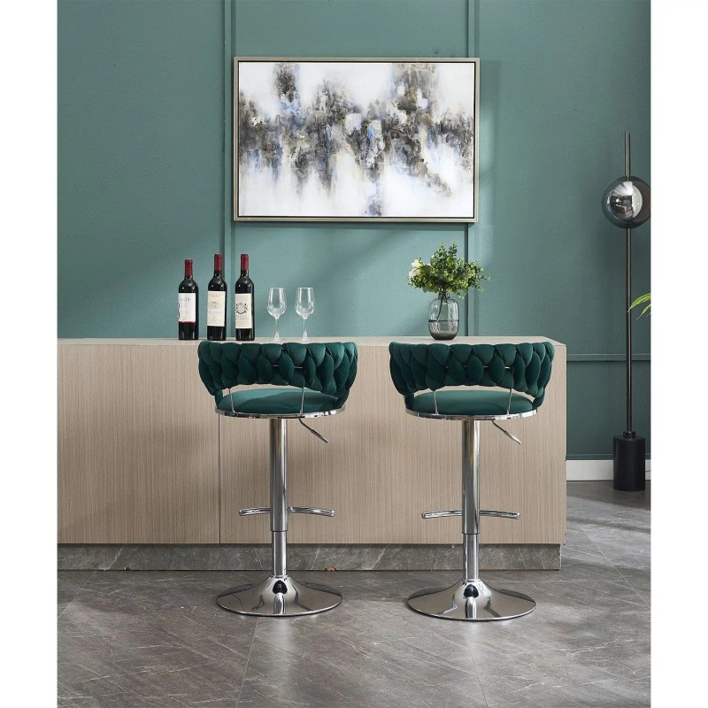 Set 2 Green Bar Stools Chrome Footrest Simple Chrome Leg
