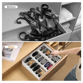 Coorganisers 3 Packs Fabric Belt Organizer, 6 Grids Belt Organizer for Closet and Drawer, Foldable Dresser Drawer Organizers, Tie Holder -White