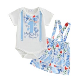 My First Mothers Day Baby Boy Outfit Short Sleeve Romper Suspender Pants Set Newborn Mothers Day Baby Boy Outfit(A-White Mothers Day,0-3 Months)