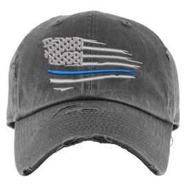 Waving Thin Blue Line Hat | Distressed Baseball Cap or Ponytail Hat | Back the Blue Police Flag