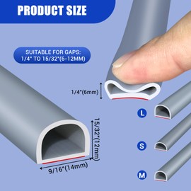 Weather Stripping Door Seal, Self Adhesive Silicone D Shaped Weather Strip, Door Seal Strip for Door Frame/Window Seal, 20Ft, Grey (9/16" W × 15/32" T)