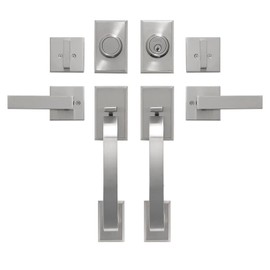 GUA OYH Double Front Door Handle Set with Heavy Duty Lock, Satin Nickel Finish, Suitable for Front or Office Door