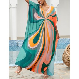 Bsubseach Women's Ethnic Print Kaftan Beach Maxi Dresses, Striped pattern
