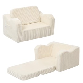 MeMoreCool Toddler Chair Comfy for 1-3 Years Old, Corduroy Kids Couch Bed Fold Out, 2-in-1 Foldable Baby Lounge Chair, Pull Out Children Sofa Bed, Beige
