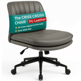 NYPOT Criss Cross Chair with Wheels - Wide Armless Chair for Cross Legged Sitting - Adjustable Swivel Office Desk Seat - Rocking Comfort for Home or Work, Grey PU Leather