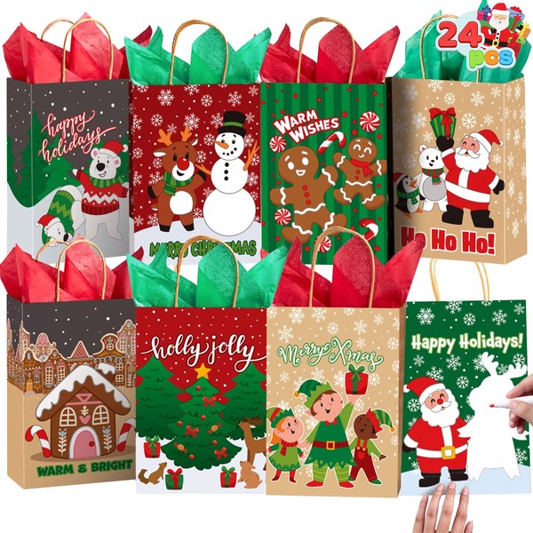 JOYIN 24 Pcs Gift Bags for Christmas 8 X 10 X 4'' Kraft Paper Bags with 6 Christmas Characters Design Scratch Paper Gift Bag for Present Wrap Décor, Christmas Goody Bags, Xmas Party Supplies Bags