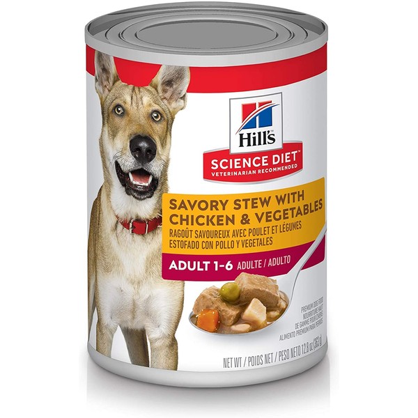 Hill's Science Diet Wet Dog Food, Adult 1-6, Savory Stew with Chicken & Vegetables, 12.8 oz. Cans, (Pack of 12)