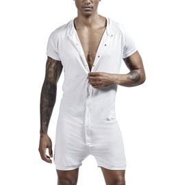 AIEOE Men's Body Bodysuit Short Sleeve One-Piece Jumpsuit Romper with Buttons Soft Stretch Comfortable Undershirt Men Casual Jumpsuit, White