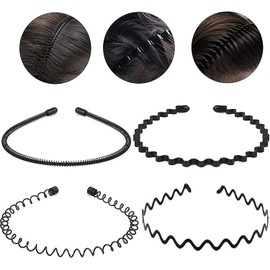 Wavy Spring Sports Headband, 4Pcs Metal Hair Bands, Head Hoop Black Wave-Shaped Hair Band for Men Women Non-Slip Headband Accessories Simple Elastic Non Slip Wide Headwear Bandeau Outdoor
