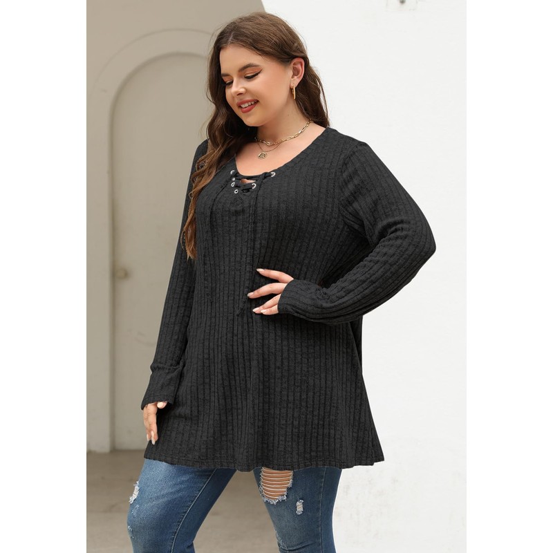 Nemidor Womens Plus Size Drawstring V Neck Long Sweater Solid