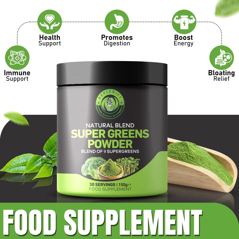 Replenify Natural Blend Super Greens Powder, 30 Servings, 9 superfood