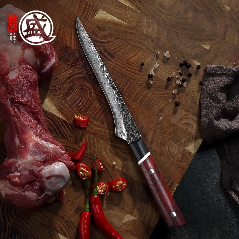 MITSUMOTO SAKARI Japanese Boning Knife, Hand-Forged Damascus Kitchen Knives
