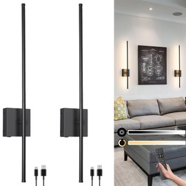 15000mAh Battery Operated Wall Sconce Set of 2, Black USB Rechargeable Wall Sconces Set of Two, Dimmable Cordless Wall Sconces with Remote Control, LED Wireless Wall Light Lighting Time 24-120 Hours