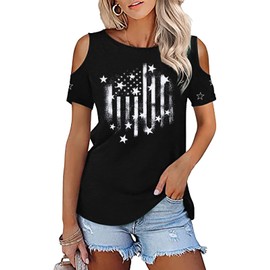 American Flag Tshirt Women Red White and Blue Shirts Patriotic Shirts 4th of July Tops Casual Cold Shoulder Top
