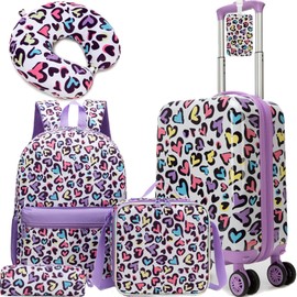 Homskiii Kids Carry on Luggage Set 5 Piece Kids Luggage with Wheels Backpack with Lunch Box 16" Toddler Suitcase for Girls Airline Approved (Rainbow Leopard)