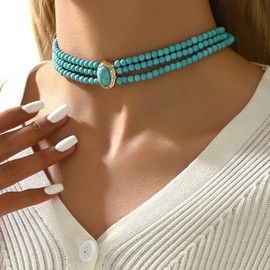 LAIHUARYWA Elegant Turquoise Choker Necklace for Women Boho Multistrand Layered Tribal Vintage Turquoise Beaded Bib Pendant Necklace Choker Party Jewelry Costume Jewelry Gift for Her