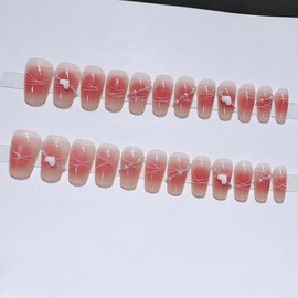 KTAABTR 24Pcs Heart Press on Nails Medium Square Nails Valentines Fake Nails with Glue Heart Nail Charms Design Valentines Heart Line Stick on Nails for Women DIY Manicure Decoration