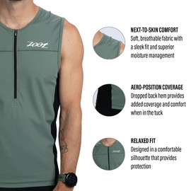Zoot Men’s Core Tri Tank, Performance Triathlon Race Tank Top, UPF 50+ Fabric, Rear Pockets, Mesh Panels, & Cam Lock Zipper - Army Green - Large