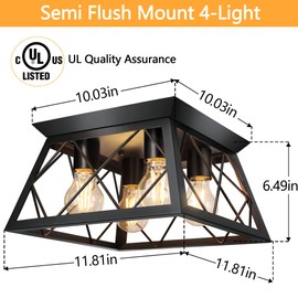 FadimiKoo 4-Light Black Flush Mount Ceiling Light for Kitchen Hallway, Industrial Close to Ceiling Lighting, Farmhouse Square Cage Lamp for Dining Room, Living Room, Bulb Not Included