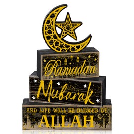 Moucuny 4 Pcs Ramadan Mubarak Table Decor Wooden Eid Mubarak Tabletop Signs for Home Black and Gold Muslim Islam Ramadan Mubarak Centerpiece for Islamic Gifts Kareem Home Table Decor