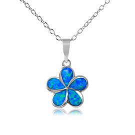 Blue Simulated Opal Stone Hibiscus Flower Necklace Rhodium Plated Sterling Silver