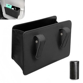 Ferianl Car Trash Can, Multi-Function Open-Top Garbage Can, Foldable Hanging Mini Cars Storage Bag Container for Auto, Leather Car Organization Bag Back Seat for Auto, SUV, Truck (Black)