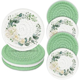 Whaline Eucalyptus Floral Cotton Coasters Flower Leaves Handmade Braided Drink Coasters Green Absorbent Cup Coasters for Party Home Office Table Decoration, Set of 4