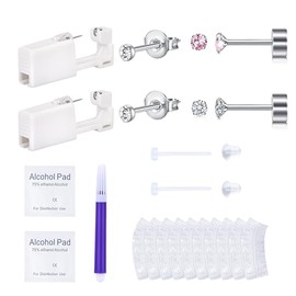 AVYRING 2MM Ear Piercing Kit - 2 Pcs Silver Self Ear Piercing Kit with Earring Stud Hypoallergenic Steel Tools at Home 20g Flat Back Earrings with 2mm CZ