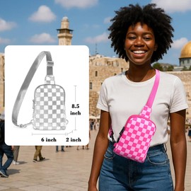 INICAT Mens Crossbody Bag Small Checkered Sling Bag for Women Nylon Cross Body bag for Woman Fanny Pack(Peach Pink)