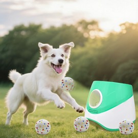 MEKAPLE Automatic Dog Ball Launcher for Samll to Medium Dogs, Upgraded Interactive Toy Balls Thrower, Distance Adjustable Mental Stimulating Dog Toys with 4 Etpu Balls 2.2 Inch (Green)