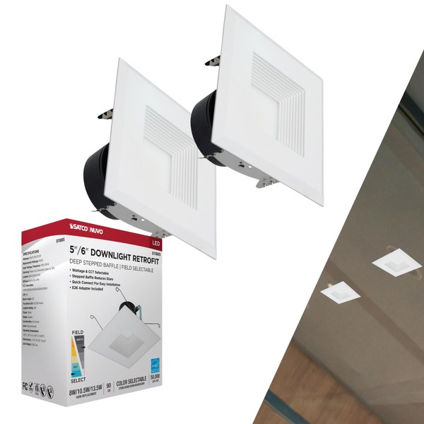 Satco S11885 5-6" Square LED Downlight Retrofit, Deep Baffle, 8W/10.5W/13.5W,