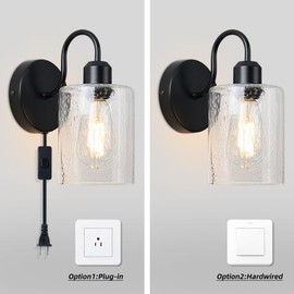 Gwiazdy Plug in Wall Sconces Set of Two, Black Vanity Lights for Bathroom, Metal Modern Wall Lighting Fixtures with Seeded Glass Shade, Farmhouse Wall Lamp for Home Decor Bedroom Mirror Hallway