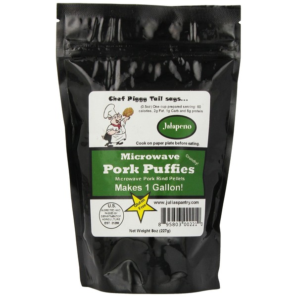 Chef Piggy Tail Microwave Pork Puffies Pork Rinds, Jalapeno, 8 Ounce