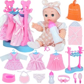 Besurejoy 12'' Baby Doll Playset with Clothes Hanger Rack,4 Outfits, Swaddle Blanket Bib Diaper Pacifier Feeding Bottle Dress Backpack and Accessories.17 PCS Pretend Play Reborn Toy Girl Kids Gift Set