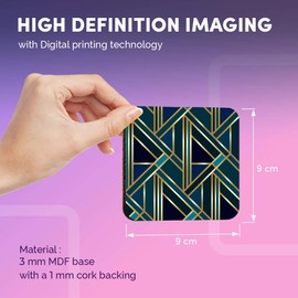 Great Coasters (Set of 4) Square - Green Gold Art Deco Geometric Drink Glossy Coasters/Tabletop Protection for Any Table Type #12546