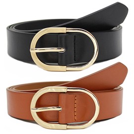 Longwu 2 Pack Women's Leather Belts for Jeans Pants, Fashion Ladies Leather Belts with Gold Buckle Black+Brown-125cm