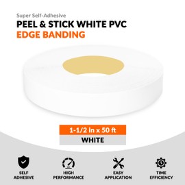 White PVC 1-1/2 in x 50 ft Edge Banding Peel and Stick Strong Adhesive Edging Trim Flexible and Durable Veneer for Wood Cabinate Laminate Shelf Restoration