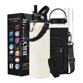 40 OZ Insulated Water Bottle - with Straw, Cold for 48 Hrs, Woman 40oz Stainless Steel Water Flask, Metal Vacuum Thermal Jug with Paracord Handle, Carrier Bag, Protective Boot, Cream White