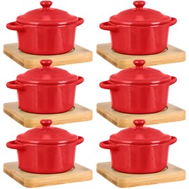 Mimorou 6 Set 7 oz Ceramic Mini Cocotte Set with Lid and Wooden Base Pumpkin Bowl Set with Handle Ceramic Soup Bowls Baking Ramekins Round Casserole for Home Thanksgiving Pumpkin Dish (Red)