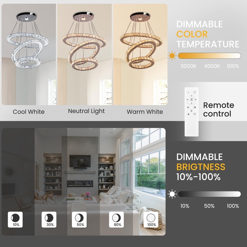 CLAIRDAI Modern Crystal Chandeliers Adjustable Crystal 3 Ring LED Ceiling