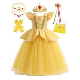Hulaha Girls Belle Princess Dress Kids Yellow Party Costume Girls Belle Dress Up with Jewelry Accessories 9-10Years