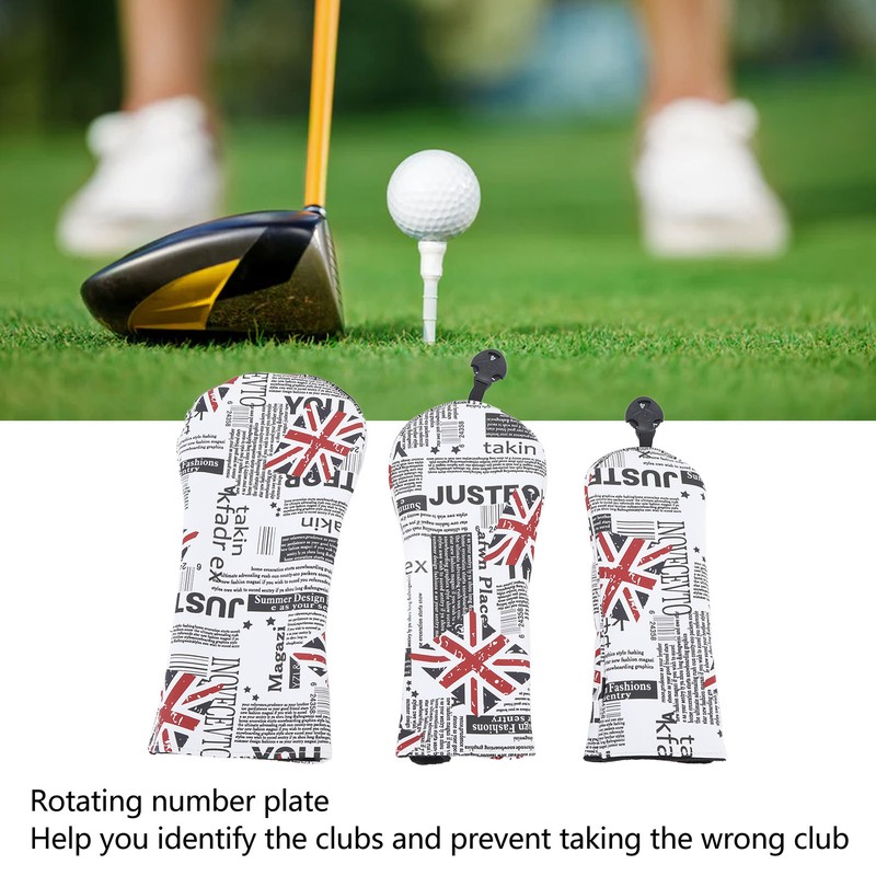 3PCS Golf Club Head Cover PU Waterproof English Flag Pattern