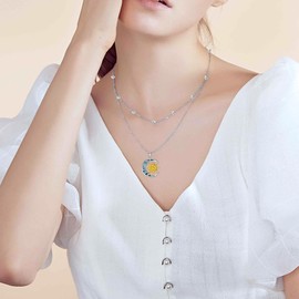 MONGAS Sun and Moon Layered Necklace for Women Sterling Silver Abalone Necklace Moon and Sun Pendant Necklace Sun and Moon Jewelry for Women